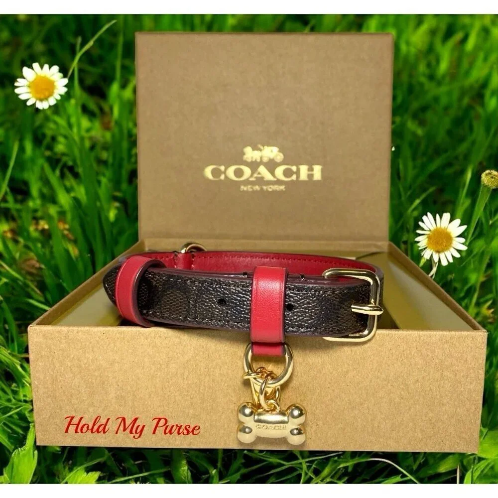 Coach Dog Collar + AirTag Brown Red Small Signature C w/ Apple Tag Tracker - Picture 3 of 11